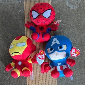 Ty Marvel Plush Set Spider-Man Iron Man Captain America - Red, Blue, Yellow